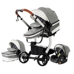 NADDLILY Cuir PU Poussette 3 en 1, Poussette Bebe avec Conception Portable Pliable en Un Clic, Pousette 3 en 1 avec Poussée Réversible Bidirectionnelle, Poussette Canne avec Accessoires (518 Grey)