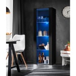 Vitrine Armoire Tivoli, Noir/Noir, Largeur 55cm x Hauteur 159cm x Profondeur 35cm, led Blu, 3 étagères, pour Salon, Chambre, Entrée - Komodee