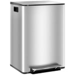 HOMCOM Poubelle de cuisine de 2 x 30L poubelle à pédale 2 compartiments, en acier inoxydable avec couvercle à fermeture douce, seaux amovibles, 47,7L x 37,5l x 66,8H cm argenté