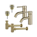 Fortifura Calvi Kit robinet lavabo - pour double vasque - robinet bas - bonde clic clac - siphon design bas - Laiton brossé PVD