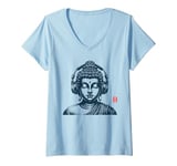 Womens Vintage Retro Buddha Wearing Headphones V-Neck T-Shirt