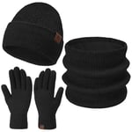 Femmes Hiver Chaud Bonnet Echarpe Thermique Gants Tactiles Ensemble Tricot Slouchy Cache-Cou Cadeau Femme