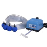 AquaForte Hi-Flow V-10, kit de pompe à air complet avec distributeurs d'air, 25 m de tuyau 4 x 6 mm et 4 pierres à air 5 cm, capacité à 1,2 mètre 4 litres par minute, bassin maximum 6 m3