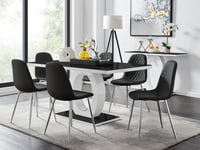 Giovani Rectangular 6 Seat White High Gloss Unique Halo Dining Table Black Glass Top 6 Faux Leather Silver Leg Corona Chairs