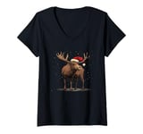 Womens Christmas Magic Moose in Santa Hat Costume for Cozy Xmas V-Neck T-Shirt