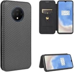 Compatible Avec Coque One Plus 7t, Mince Flip Fibre De Carbone [Test De Chute] Antichoc Stand Fente Avec Carte, Protecteur D'écran En Verre Trempé*2-Noir