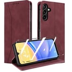 QHOHQ Coque pour Samsung Galaxy A15 4G/5G +Protection écran, [RFID Blocage], Etui Protection Housse Premium en Cuir PU, [Emplacements Cartes] Magnétique Flip Case, Anti-Vibration (Fantaisie)-Rouge vin