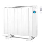 Orbegozo RRE 1510 Radiateur à économie d'énergie, 8 éléments chauffants, écran numérique LCD, télécommande, programmable, 1500 W, 1 litre, 44 dB, aluminium, blanc