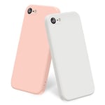 Yisica 2 Pack Silicone Coque Compatible pour iPhone SE 2020 / iPhone 8 / iPhone 7 / iPhone SE 2022, Silicone Coque avec Doublure en Microfibre Douce Protection Complète 4,7", Rose/Blanc