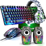 UK Layout 5-in-1 Wired Gaming Keyboard Mouse Sets Rainbow Backlit Usb Gaming Keyboard+2400DPI 6 Buttons Optical Rainbow LED Gaming Mouse+Gaming Headset+RGB Speakers+Mouse Pads for Computer/PC