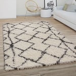 Paco Home - Tapis Shaggy Tapis De Salon Poil Long Moderne Boho Scandinave Motif Diamant 200 cm rond, Crème Anthracite 2