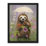 Artery8 Picking Flowers in the Rain Oil Painting Cute Sloth with an Umbrella in a Wildflower Meadow Kids Bedroom Artwork Framed Wall Art Print 18X24 Inch