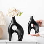 Pevfeciy Vase Noir Mat,Vase Ceramique,Vase decoratif,Lot de 2 Vase Pampa Décoration Vase De Table Moderne,Vase Fleur pour Deco Maison, Fête, Centre de Table de Mariage