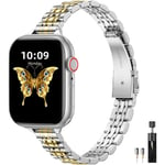 Metallrem kompatibel med Apple Watch 42/44/45/49mm, justerbar för iWatch Series 9 8 7 6 5 4 3 2 1 SE 2/1 Ultra 2/1, Silver/Guld