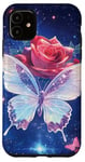 Coque pour iPhone 11 Rose et papillon mignon sur fond bleu