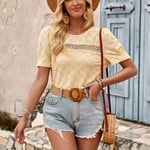 (Yellow XL)Women Round Neck T Shirt Short Puff Sleeves Hollow Out Bus