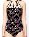 French Connection Swimsuit Size S 10 Black Pink Strappy Woven Halter Neck FCUK