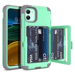 WeLoveCase iPhone 11 Wallet Case for Women, Men Defender Credit Card Holder Cover with Hidden Mirror Three Layer Shockproof Heavy Duty Protection All-Round Armor Protective Case for iPhone 11 Mint