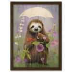 Artery8 Picking Flowers in the Rain Oil Painting Cute Sloth with an Umbrella in a Wildflower Meadow Kids Bedroom Artwork Framed A3 Wall Art Print