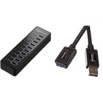 Amazon Basics Hub USB-A 3.1 10 Ports avec Adaptateur Secteur 65 W (20 V/3,25 A), Noir & Rallonge Câble USB 3.0 mâle A vers Femelle A 3 m