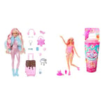 Barbie Poupée Extra Voyage Articulée avec Tenue Neige, Combinaison Rose à Paillettes & Pop Reveal Série Fruit, Poupée Aux Cheveux Roses Changeant De Couleur