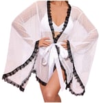 Robe De Chambre Satin Femme,Saint Valentin Sexy Lingerie Courte Transparente Maille Dentelle Garniture Babydoll Robe Robe Peignoir Kimono Chemises Homewear Vêtements De Nuit Pour Amis Cadeaux,Blanc,