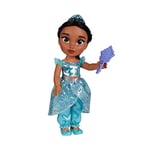 Disney Princess Jasmine Fashion Doll, 14” / 35cm Tall Doll with Royal Reflection Eyes Includes Shimmery Platinum Holofoil Printed Removable Jumpsuit, Shoes, Tiara and Brush, Perfect for Girls Ages 3+