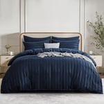 RUIKASI King Size Duvet Cover Set - Satin Stripes Duvet Cover with 2 Pillowcases, Navy Blue Kingsize Bedding Bed Set with Zip Fastening, Ultra Soft Microfiber Quilt Bed Cover