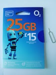 O2 PAYG Sim Card Unltd std UK mins txts 25GB for £15 + SIM EJECTOR PIN NO CREDIT