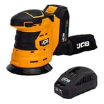 JCB 18V Cordless 125mm Orbital Sander, 2.0Ah Battery, Fast Charger, Overload Protection, Dust Extraction Facility & Hook and Loop Fastening, 3 Year Warranty