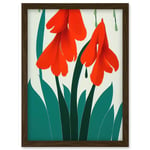 Modern Abstract Crimson Red Bloom Wild Flowers Teal Leaves on White Artwork Framed Wall Art Print A4