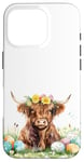 iPhone 16 Pro Highland Cow Spring Cute Easter Pattern Eggs Floral Flowers Case