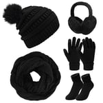 Xnova 5 Pièces Ensemble Bonnet Écharpe Gants Cache-Oreilles Chaussettes Polaire Hiver, Tricotés Gants Tactiles à 3 Doigts Bonnet Chaud Confortable Tricoté Chapeau Pompon Femme Homme (Noir)