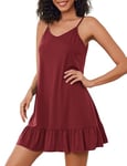 Weardear Nightgown for Women Short Ruffle Dress Elegant Nightdress Knee Length Sleepshirt Casual Dress Red Small