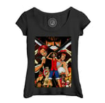 T-Shirt Femme Col Echancré Luffy Shank Ace Gold Roger One Piece Manga