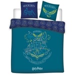 Aymax - Parure de lit double réversible Harry Potter - Blason -Hogwarts- - Bleue et Vert - 220 cm x 240 cm