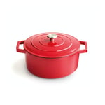 Qdesign - Cocotte en Fonte d'Acier Ronde Individuelle 28 cm - Contenance 6,8 L - Couvercle en Fonte avec Bouton en Inox - Convient pour Induction - Passe au Four - Rouge