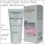 Loreal Triple Active Day Light Moisturiser Dry & Sensitive Skin 50ml x 4 NEW