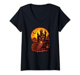 Womens Frankenstein's Castle Jack O Lantern Pumpkin on Halloween V-Neck T-Shirt