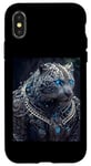 Coque pour iPhone X/XS Beau léopard amusant. Grand chat blanc avec col argenté