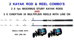 2 FLADEN MAXXIMUS 1pc STUBBY KAYAK RODS & 2 CHIEFTAIN 30 MULTIPLIER REELS+LINE