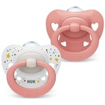 NUK Signature Lot de 2 tétines en silicone en forme de cœur sans BPA pour bébé de 0 à 6 mois - Apaise 95% des bébés - Avec étui - Cœurs roses