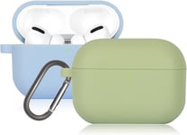 2 Pièces Coque Étui pour AirPods Pro, Housse de Protection en Silicone Anti-Choc avec Mousqueton Compatible pour Airpods Pro 2019, Témoin LED Visible, Matcha Green/Light Blue