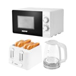 Geepas Electric Kettle 4 Slice Bread Toaster & Microwave Kitchen Set | 2200W 1.7L Illuminating Glass Kettle | 1400W Toaster with 6 Level Browning Control | 700W Solo Manual Dial Microwave 20L | White