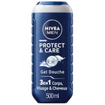 NIVEA MEN Gel douche Protect & Care (1x 500 ml) — Soin lavant enrichi en Aloe Vera naturel — Gel douche homme 3 EN 1 — Soin nettoyant corps visage et cheveux à la formule hydratante