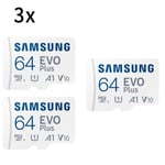 3PCS Carte mémoire Micro SD SDXCSAMSUNG EVO PLUS 64Go MB-MC64KA/EU 130Mb/s ideal pour smartphone tablette etc.