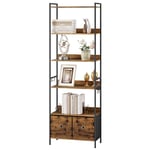 WOLTU Bibliothèque, Étagère Rangement à 5 Niveaux avec 2 Tiroirs, Meuble Étagère, pour Salon, Bureau, Cuisine, Chambre, Cadre en Métal, 63x30x187cm, Marron Rustique+Noir, RGB62vbn