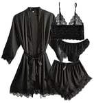 Laura Lily - Ensemble de Pyjama en Soie Satin pour Femme avec Dentelle 4 pièces, Peignoir, Haut Bralette, Slip et Short. Luxe, Sexy et élégant. Noir M