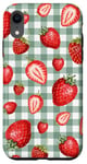 iPhone XR Cute Red Strawberry Pattern on Retro Mint Green Gingham Case