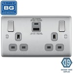 BG NBS22UAC30G Brushed Steel Double Socket with USB 30W Type A & Type C USB